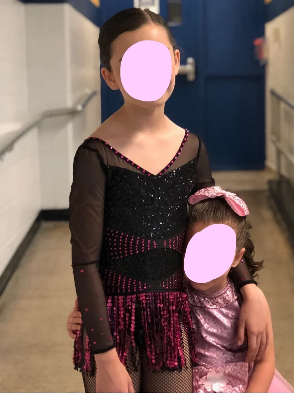 Black Mesh Sequin Fringe Dance Costume Leotard Dress with Pink Accents